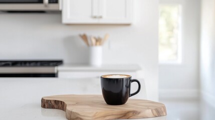 A black coffee mug sits on a wooden cutting board in a kitchen