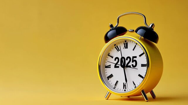 A bright yellow clock displays the year 2025, symbolizing the excitement of the new year. The clock is situated against a vibrant backdrop, enhancing its cheerful presence