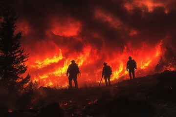 Fototapeta premium Firefighters Silhouetted Against Fiery Wildfire Landscape
