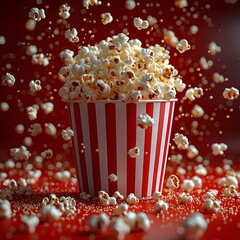 Glowing 3D Popcorn Buckets with Floating Kernels on Vibrant Striped Background