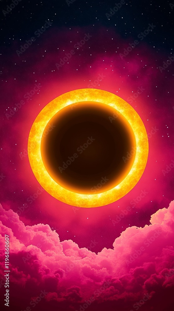 Poster a cosmic eclipse with golden edges glowing softly surrounded by swirling nebula clouds and a field o