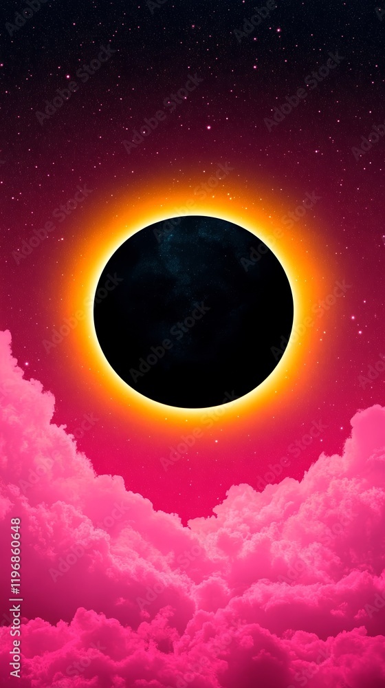 Poster a cosmic eclipse with golden edges glowing softly surrounded by swirling nebula clouds and a field o