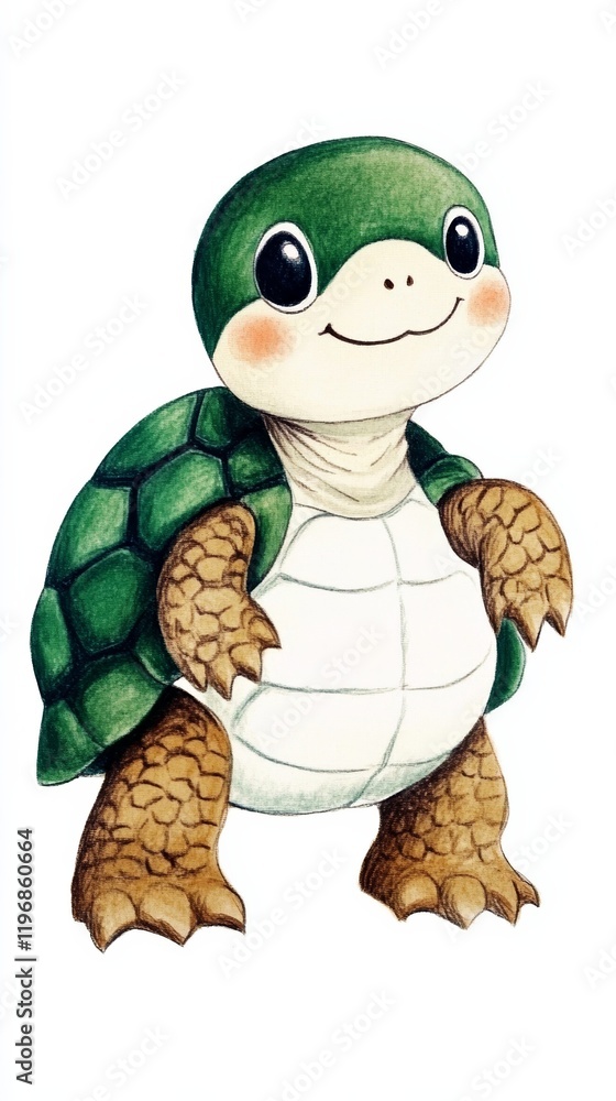 Poster a cute minimalist cartoon of a tiny turtle with a green shell and simple smiling expression drawn on