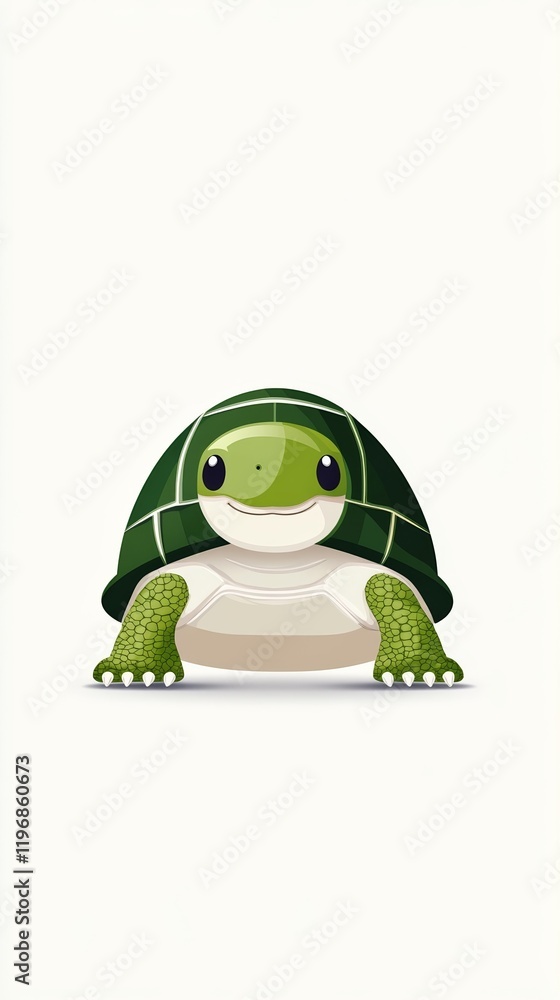 Poster a cute minimalist cartoon of a tiny turtle with a green shell and simple smiling expression drawn on