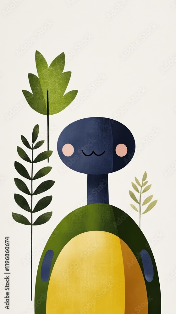 Poster a cute minimalist cartoon of a tiny turtle with a green shell and simple smiling expression drawn on