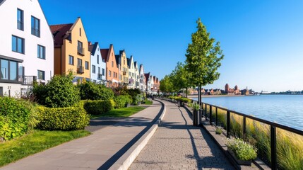 Colorful Houses and Waterfront Walkway