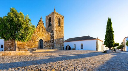 Historic Stone Church in a Sunny Village