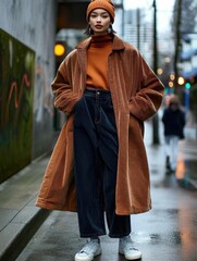 Individual wearing an oversized brown coat with a beanie and sneakers, standing in an urban city setting.