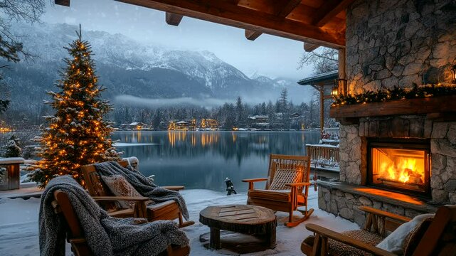 Cozy outdoor seating with fireplace by snowy lake during winter evening, seamless looping 4K time-lapse animation video background