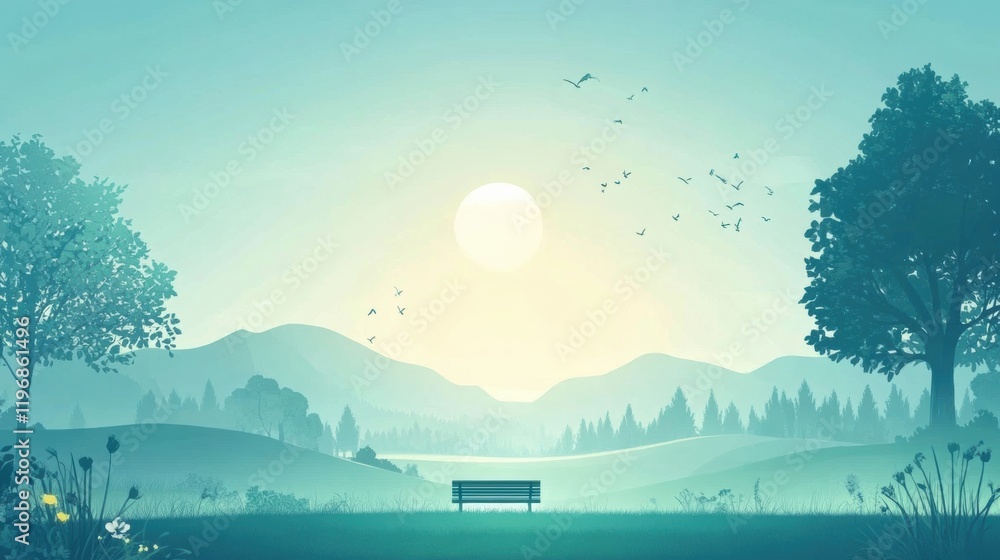 Leinwandbilder Serene landscape with a bench awaiting visitors under a bright sun in a tranquil setting. Generative AI