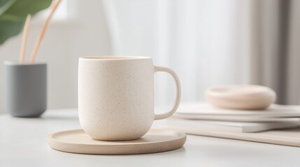 A white coffee cup sits on a wooden tray on a table