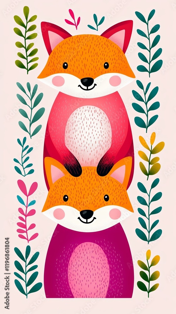 Poster a minimalist cartoon of a smiling fox drawn in clean simple lines with a soft orange color on a whit