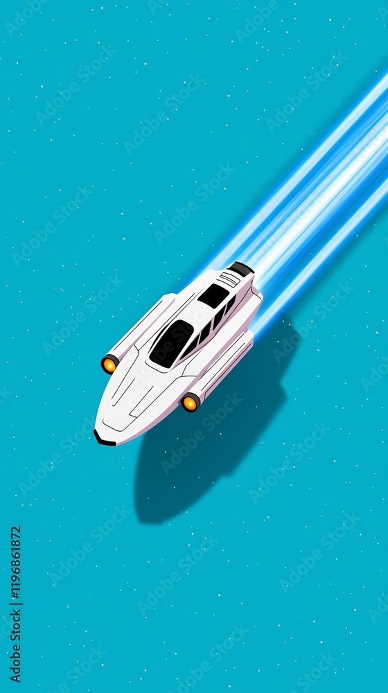 Poster a minimalist spaceship with smooth curved lines and a glowing blue engine trail soaring through a se