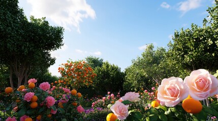 A vibrant garden filled with roses and orange trees under a blue sky.