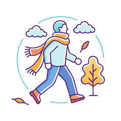 walking with a scarf in fall icon, walking with a scarf in fall vector,