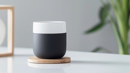 A black and white coffee cup sits on a wooden coaster