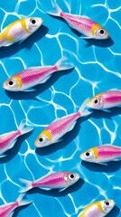 A school of shimmering silver fish swimming in perfect harmony reflecting light in a dreamy underwater setting for an elegant marine aesthetic 