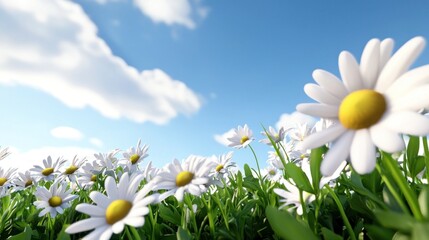 A vibrant field of daisies under a bright blue sky.
