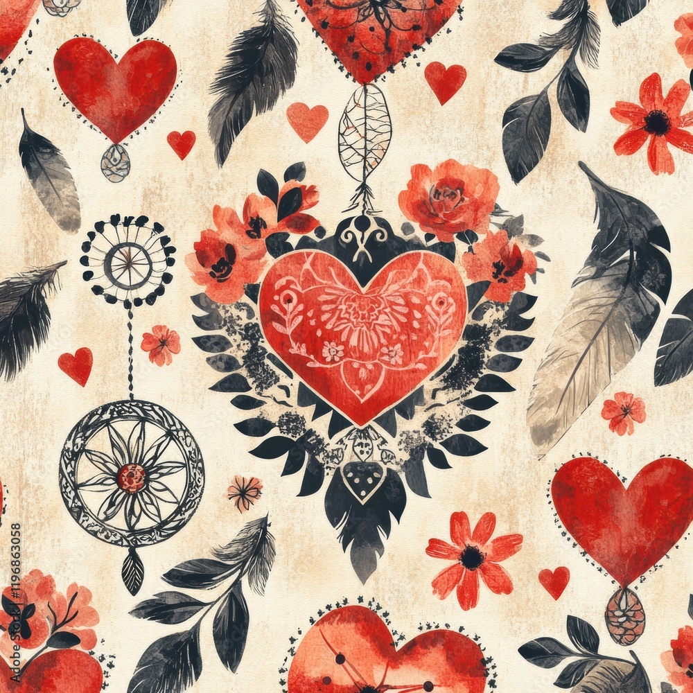 Poster colorful heart patterns with floral designs and dreamcatchers on a textured background creating a ro