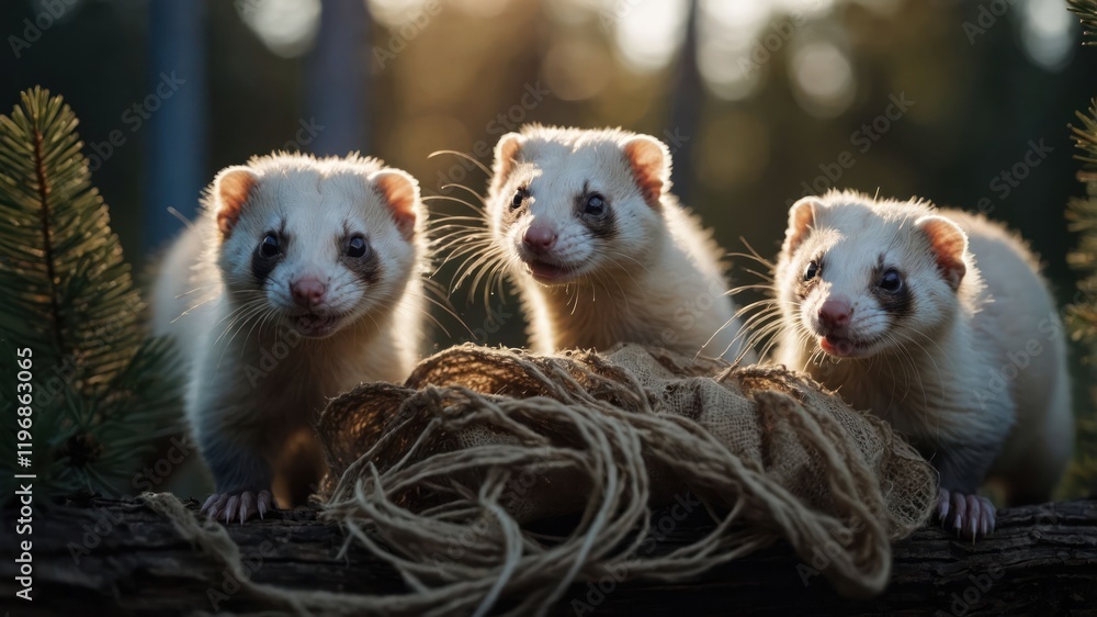Aufkleber three ferrets playfully posed on a log with natural lighting and a rustic background.