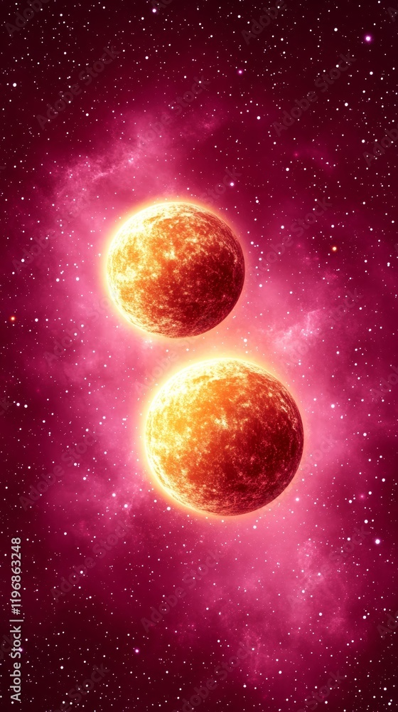 Poster an enchanting cosmic scene of twin planets connected by delicate golden light beams surrounded by so