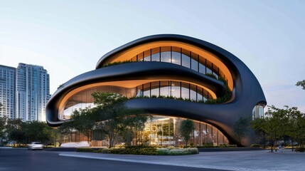Obraz premium Modern Architectural Design of a Curved Building with Glass Facade