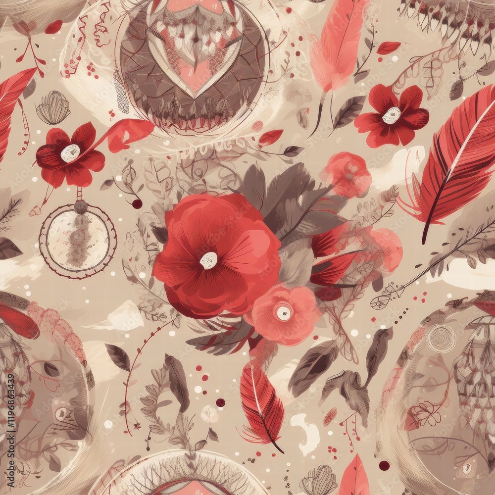 Aufkleber vibrant floral and feather design featuring warm colors and intricate patterns on a soft neutral bac