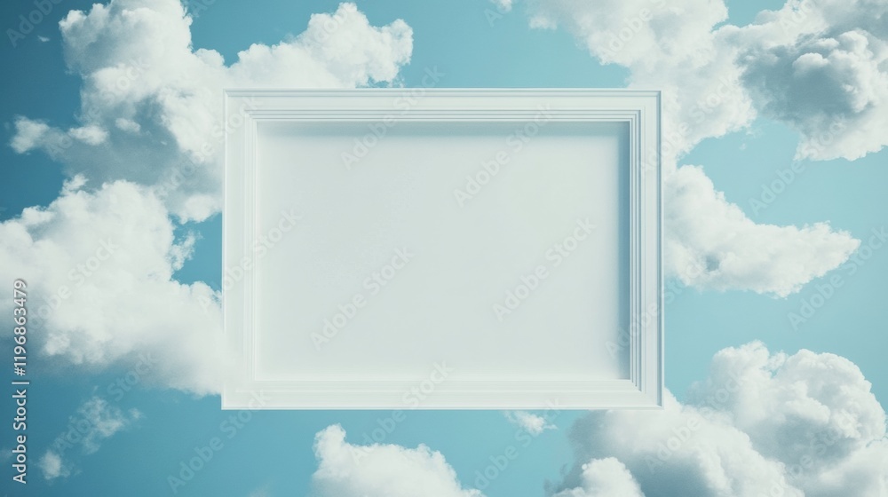 Poster Empty frame in a blue sky surrounded by fluffy clouds for creative design mock up space. Generative AI