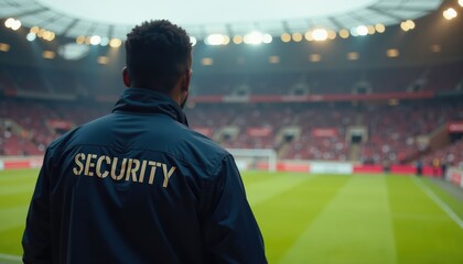 Security guard with jacket looking at sports field, stadium seating in blurred background