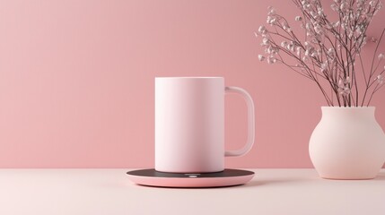 A pink coffee cup sits on a pink coaster on a table
