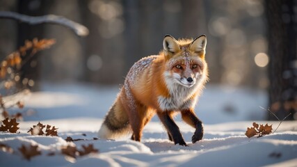 Obraz premium A red fox walking through a snowy forest, capturing the beauty of wildlife in winter.