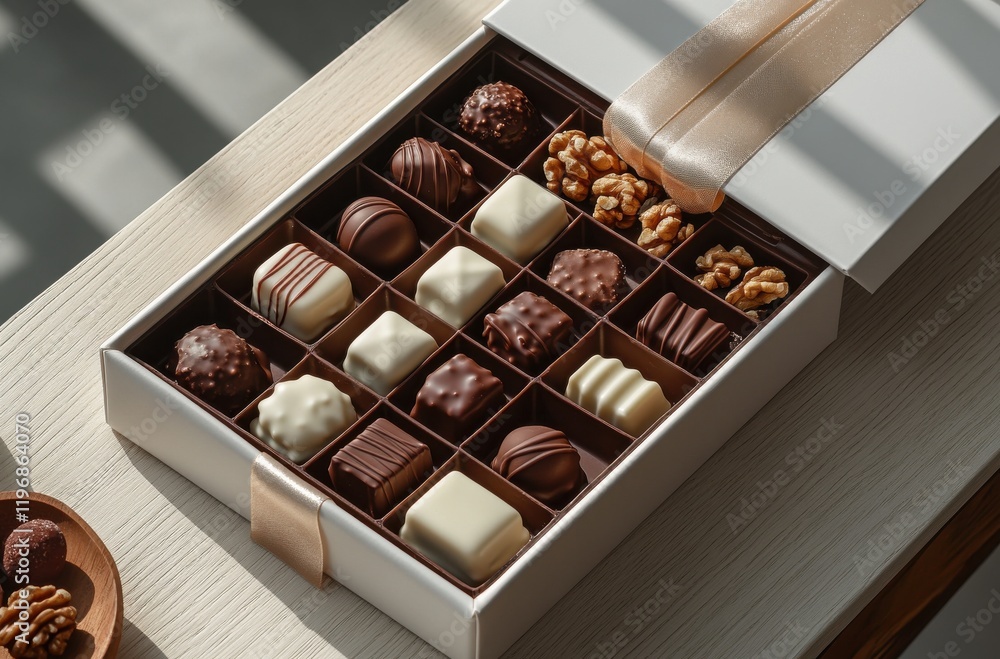 Poster elegant gift box of assorted chocolates with nuts arranged neatly in a stylish presentation on a lig