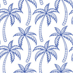 Naklejka premium Blue tropical palm tree in arch seamless pattern.