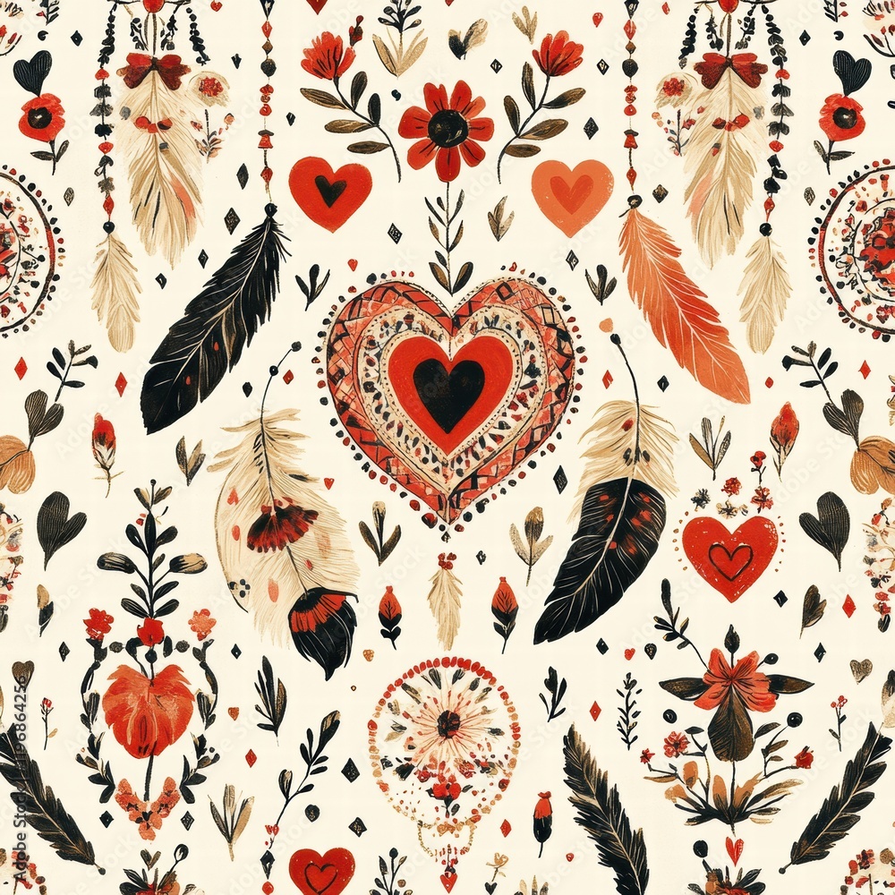 Poster colorful floral and heart pattern background with feathers and decorative elements on a light surfac