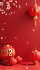 Naklejka premium Red Chinese lanterns with 2025 and golden characters, pink cherry blossoms and petals, Chinese New Year celebration
