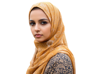 young Muslim woman wearing yellow hijab and traditional attire, looking confidently at camera. Her expression reflects strength and grace