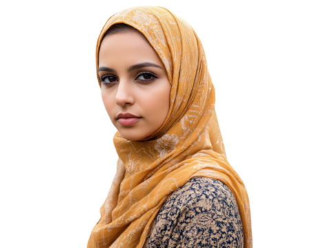 young Muslim woman wearing yellow hijab and traditional attire, looking confidently at camera. Her expression reflects strength and grace