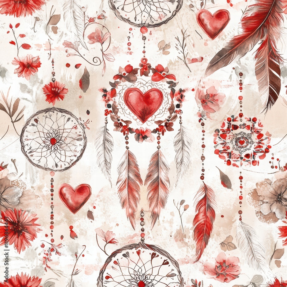 Poster beautiful red and white dreamcatcher design with hearts and floral patterns on a light background in