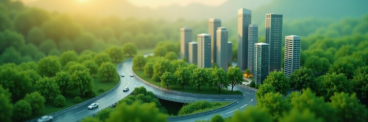 Cityscape with winding roads and cars, surrounded by green trees at sunset, environment concept