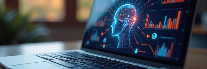 Laptop displaying a digital human head outline and charts on screen, Agentic AI and technology concept