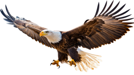 Majestic bald eagle soaring through sky with outstretched wings, showcasing its powerful presence and striking features. symbol of freedom and strength in nature