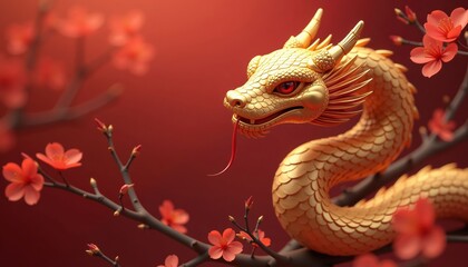 Obraz premium Golden dragon with red tongue, cherry blossoms on branch, red background, Chinese New Year celebration
