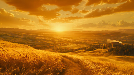 Fototapeta premium Golden sunset over Tuscan countryside, path through wheat field leading to village. Serene landscape photography.