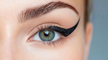 Fototapeta premium Woman's blue eye with precise winged black eyeliner and a perfectly groomed eyebrow in a bright studio setting.