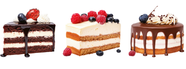 Delicious chocolate, vanilla, and raspberry cakes displayed on transparency background, showcasing layers and toppings that create inviting dessert experience