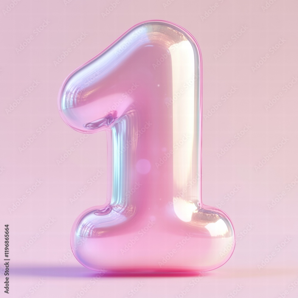 Poster large shiny number one in a soft pink color against a light pastel background. generative ai