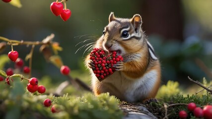 A chipmunk holds a heart-shaped treat surrounded by red berries in a natural setting.
