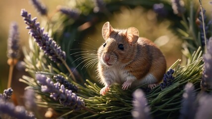 A cute mouse perched on a lavender wreath, showcasing nature's beauty and tranquility.