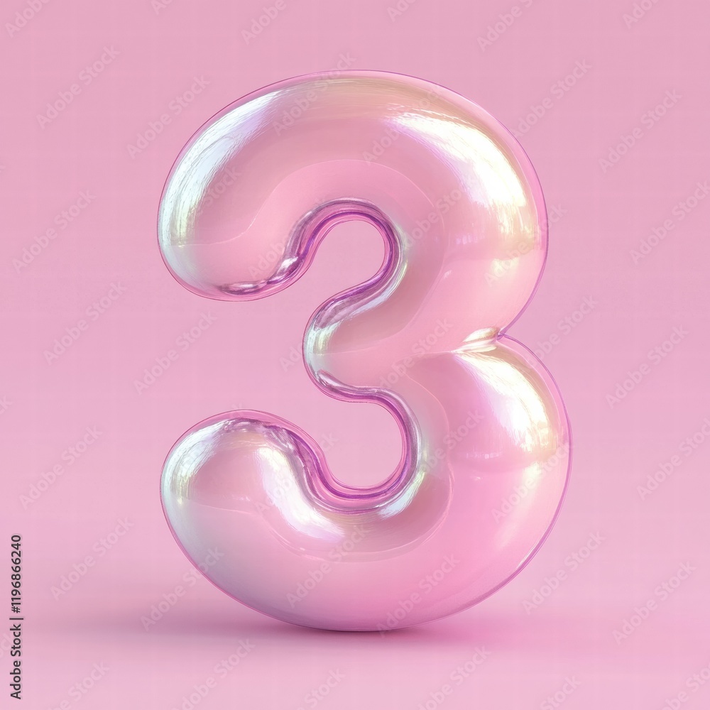 Poster soft pink glossy number three with a smooth curved design in minimalist style against a pastel backg