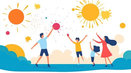 Happy Family Playing Outdoors with Colorful Elements and Sunshine in a Cheerful and Vibrant Scene